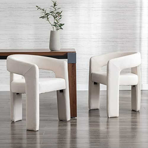 RIVOVA Modern Barrel Dining Chairs Set of 2, Linen Upholstered Accent Side Chair with Arms Comfy Makeup Vanity Chairs, Dining Living Room Kitchen Chairs, Beige -