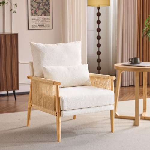VINGLI Braid Accent Chair,Mid-Century Modern Armchiar with Solid Wooden Armrest,Comfy Louge Chair with Waist Pillow for Bedroom,Living Room,Reading Room, Beige -