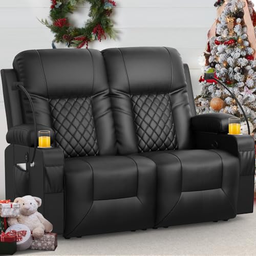 FURNIMAT Loveseat Recliner Sofa, 2 Seater Reclining Loveseat Sofa, PU Leather Dual Recliner Chair, Modern Loveseat Couch for Living Room, with Cup Holder and 2 Cell Phone Holder, USB Ports, Black -