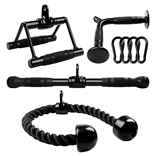 Yes4All Black Combo Tricep Pull Down Rope, Double D Handles, V-Shaped Bar & Rotating Pull Down Straight Bar, Tricep Press Down Cable Machine Attachment, LAT Pulldown Attachments for Home Gym Set -