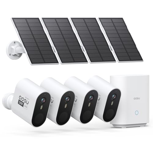 AOSU 3K/5MP Solar Security Cameras Outdoor Wireless, Ultra HD Video Home Security System 4-Cam Kit with 166° Ultra Wide Angle, Cam-to-Cam Sync, Color Night Vision, Spotlight & Siren, No Monthly Fees -