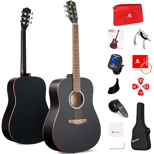 Vangoa Dreadnought Acoustic Guitar 41 Inch Set, 4/4 Full Size Acustica Guitarra Kit for Beginners Adults Youth Kids, Wooden Binding Starter Guitar Bundle with Travel Gig Bag, Capo, Tuner, Strap, Black -