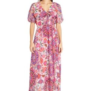 Donna Morgan V-Neck Spaghetti Tie Detail Short Puff Raglan Sleeve Summer Dresses for Women, Soft White/Pink -