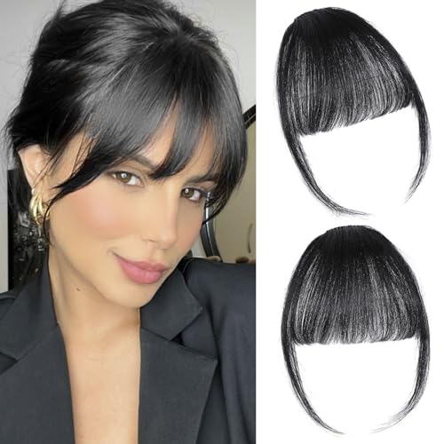 ELEFOCUS Clip-on Natural Black Human Hair Extensions - Wispy Bangs with Temples for Daily Wear -