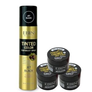 EBIN NEW YORK Temporary Hair Color Spray Black 3.38 oz Bundle with 24 Hour Colored Edge Tamer Jet Black 0.5 oz – Root Coverage and Edge Styling Gift Set (2 Items) -