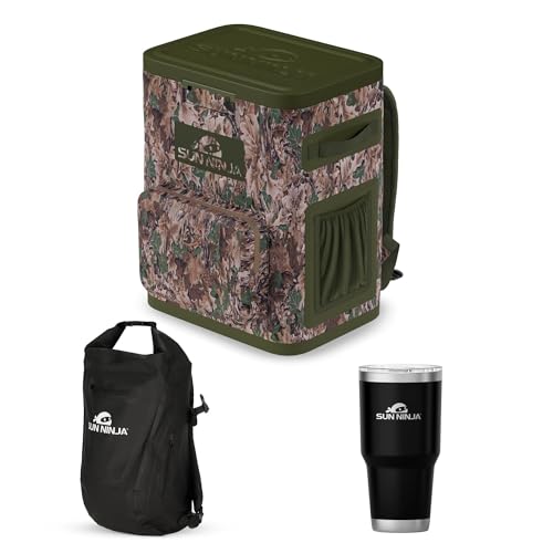 SUN NINJA Cooler Backpack Bundle with Waterproof Roll-Top Dry Bag and 30oz Tumbler, Insulated Leakproof Design Keeps 36 Cans Cold for 48 Hours, Comfortable Padded Straps for Outdoor Adventures -