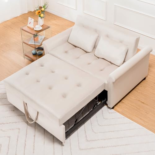 COMHOMA Convertible Sofa Bed,55" Sleeper Sofa Bed,3-in-1 Pull Out Couch Bed with Reclining Backrest and Pillows,Convertible Sleeper Loveseat for Living Room(White) -