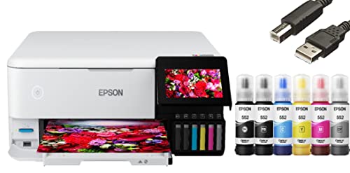 Epson EcoTank Photo ET-8500 All-in-One Wireless Color Supertank Printer with Scanner and Copier - Print Scan Copy Fax- Auto 2-Sided Printing - White-Bundle with Ahaghug Printer Cable. -
