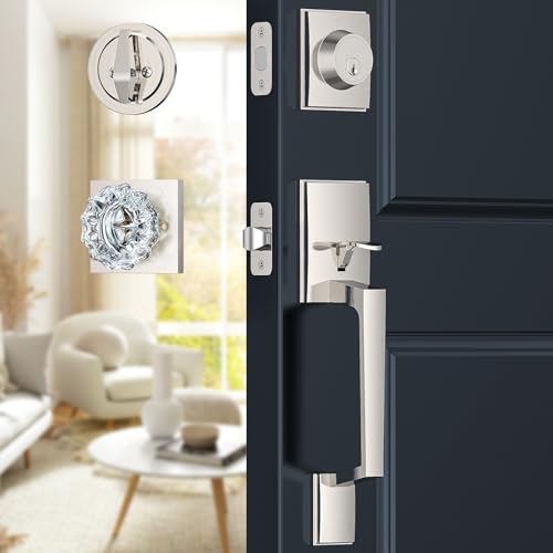 Calzibeno Brushed Nickel Front Door Handle and Deadbolt Set, Front Door Lock Set with Crystal Glass Door Knob, Exterior Door Lock Set with Single Cylinder, Reversible for Right & Left, Satin Nickel -