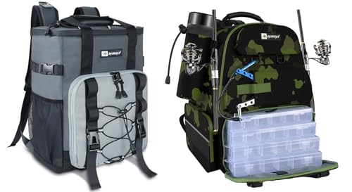 Fishing Backpack + Backpack Cooler, 45L Fishing Backpack with 4 Tackle Boxes, Gray Leakproof Cooler Backpack for Fishing, Beach, Picnic -