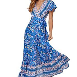 Roll Up Women's Cute Beautiful Lightweight Flowy Ruffle Floral Print Bohemian Maxi Wrap Around Dress (as1, Alpha, x_l, Regular, Regular, Blue/Pink, X-Large) -
