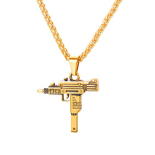 Men Cool UZI Rifle Shape Pendant & Chain 18K Gold Plated Rock Army Style Personalized Necklace Jewelry,Chain 22" -