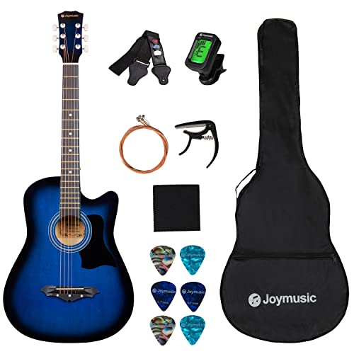 Joymusic 38 inch blueburst beginner acoustic guitar kit,bundle with a strap with picks holder,digital tuner, set strings, capo,cleaning cloth,6 picks,gig bag.(JG-38C,BLS) -