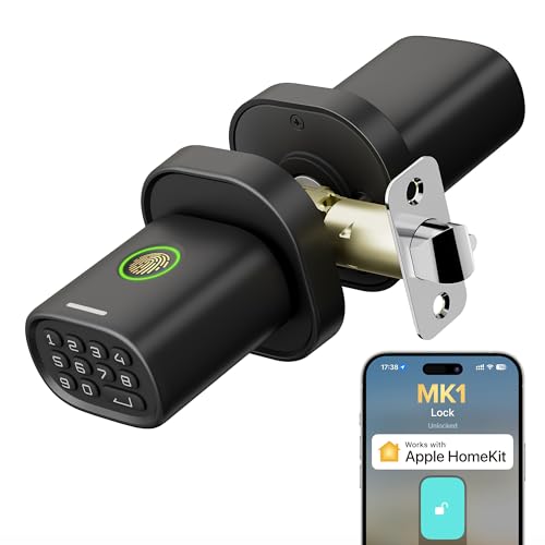 ThorBolt Fingerprint Door Lock with Keypad Door Knob, HomeKit Lock Over 𝗧𝗛𝗥𝗘𝗔𝗗, HomeKit Hub 𝗥𝗲𝗾𝘂𝗶𝗿𝗲𝗱, 𝗶𝗢𝗦 𝗢𝗡𝗟𝗬 Smart Lock for Interior Door, Bedroom, Office, MK1 Black -
