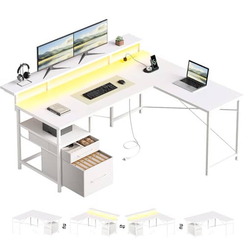 Maihail 63" Gaming Desk with LED Lights, L Shaped Desk with Monitor Stand, Computer Desk with Drawers, PC Desk with Outlets, Office Desk with Monitor Stand, White -