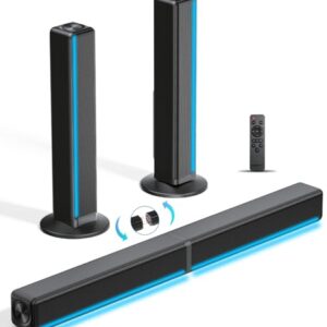 TV Sound Bar, Soundbar with RGB LED Lights & 2.1CH Bluetooth Speaker Surround System, 180W Surround Sound, AUX/Optical/HDMI ARC Home Theater Speaker, 2 in 1 Detachable for Smart TV/Projector/Gaming/PC -