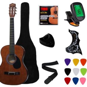 YMC 38" Coffee Beginner Acoustic Guitar Starter Package Student Guitar With Gig Bag,Strap, 3 Thickness 9 Picks,2 Pickguards,Pick Holder, Extra Strings, Electronic Tuner -Coffee -