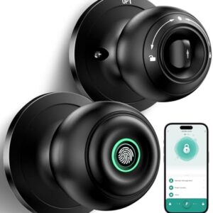 Fingerprint Door Lock, Smart Fingerprint Door Knob with Lock, Biometric Door knob with App Control & Key, Keyless Thumbprint Entry Door Lock for Bedroom, Front Door, Home, Apartment Office-Matte Black -