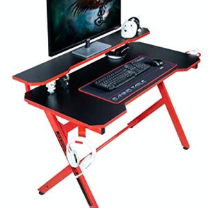 JJS 48" Home Office Gaming Computer Desk with Removable Monitor Stand, R Shaped Large Gamer Workstation PC Table with Cup Holder Headphone Hook Speaker Storage Free Mouse pad, Black/Red -