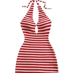 GORGLITTER Women's Crochet Halter Bubble Mini Dress Bow Backless Summer Bodycon Knit Dress Vacation Festival Outfits Red and White X-Small -