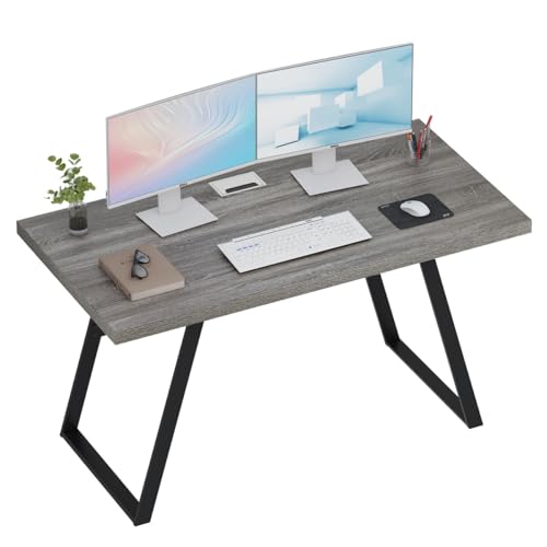 BON AUGURE Home Office Desks, 55 Inch Computer Desk, Office Writing Desks, Wood and Metal Work Table Workstation (Dark Grey Oak) -