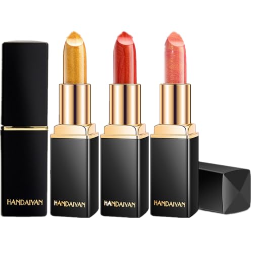 BONNIE CHOICE 3Pcs Metallic Glitter Lipstick Set, Gold Rose Nude Pink Glitter Pearl Mermaid Shimmer Lipstick Sets for Women Waterproof Long Lasting 24 Hours Lip Stick Makeup Gift Sets-01#02#03# -