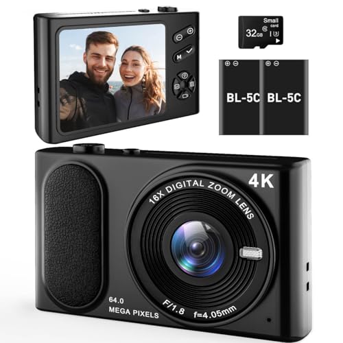 4K UHD Digital Camera, 64MP Autofocus Vlogging Camera 16X Zoom, Compact Digital Point and Shoot Camera with Anti-Shake, Small Travel Camera for Adult Beginners Teens, 32GB Card, 2 Batteries(Black) -