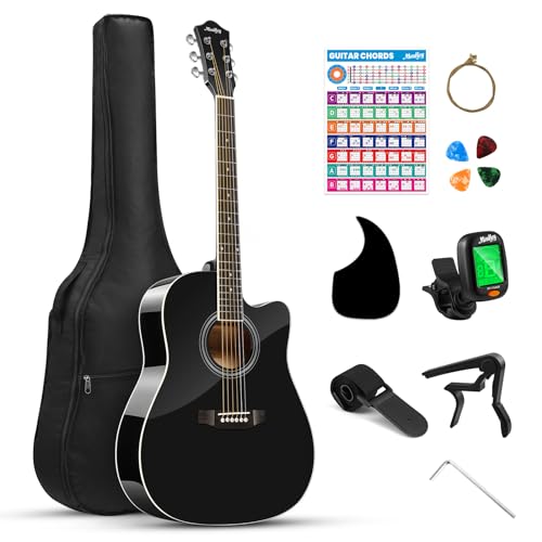 Moukey 41" Acoustic Guitar for Beginners Adult Teen Full Size Guitarra Acustica with Chord Poster, Gig Bag, Tuner,Steel Strings, Capo, Strap - Black -