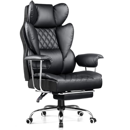 COMHOMA Big and Tall Office Chair, High Back Leather Gaming Chair with Footrest, Executive Ergonomic Office Chair with Pocket Spring Lumbar Support and with Outward Fixed Soft Armrests -