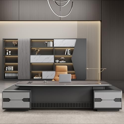 DLCQIJI Solid Wood L Shaped Grey Executive Office Desk Wood Computer Desk Writing Study Table Home Business Workstation Set for CEO Boss -