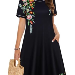 Summer Dresses for Women Casual Short Sleeve Loose Beach Cover Up Scoop Neck Floral Sundress with Pockets(Black Flower Bouquet, XL) -