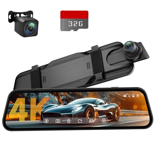 Veement 4K Rear View Mirror Camera, 10'' 4K Mirror Dash Cam with 1080P Backup Camera, Dash Cam Front and Rear for Car with Voice Control, 24H Parking Mode, Night Vision, 32GB SD Card Included -