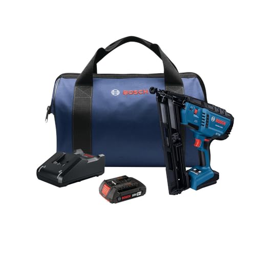 BOSCH GNH18V-15MAB12 18V Brushless 15-Gauge Angled Finish Nailer - Cordless Power, One-Handed Activation, Tool-Free Jam Clearing, with 2 Ah Power Battery and Charger -