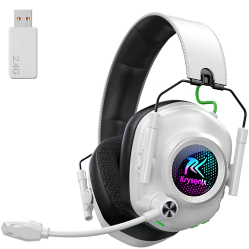 Wireless Gaming Headset with Noise Canceling Microphone for PC, PS5, PS4, Switch, Mac，2.4 GHz Wireless & Bluetooth 5.4 Gaming Headphones, Cool RGB Lighting, 40Hr Battery, 50mm Drivers-White -
