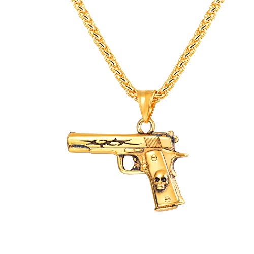Men Cool Punk Skull Rifle Shape Pendant & Chain 18K Gold Plated Stainless Steel Rock Army Style Personalized Necklace Jewelry,Chain 22" -