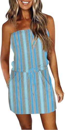 Summer Dresses for Women Casual Floral Boho Sundress Beach Cover Ups Mini Y2K Dress Drawstring Waist with Pockets -