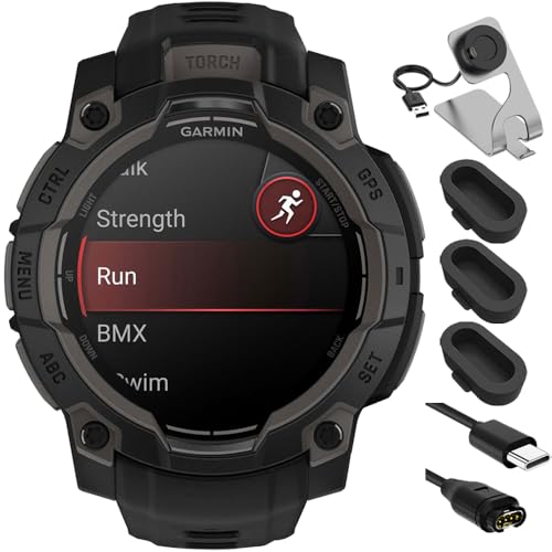 Garmin 010-02936-00 Instinct 3-45 mm Outdoor GPS Smartwatch AMOLED Black with Black Band Bundle with Charging Dock, Silicone Dust Cover 3 Pack and USB Type C Charging and Sync Cable -