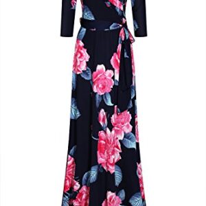 Bon Rosy Women's Silky and Stretchy 3/4 Sleeve Deep V-Neck Peony Printed Maxi Faux Wrap Dress 7d4 Navy Rose M -