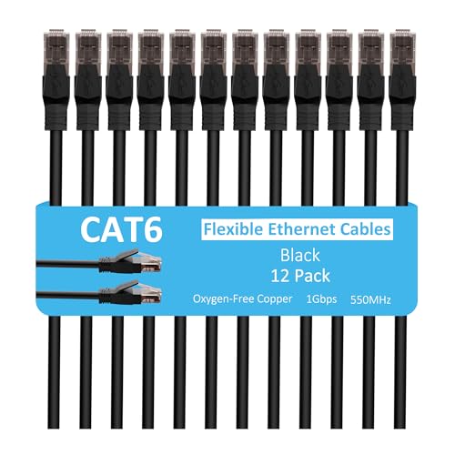 Cat6 Ethernet Cable 1 FT (12-Pack), Snagless Cat 6 Patch Cable, Upgraded Flexible PVC Jacket, Multi-Pack, OFC, 1Gbps, Cat6 Internet Network Cables, UTP, PC, Router, Servers, IT Data Center, Black -