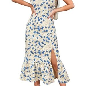 Newshows Womens 2025 Summer Beach Floral Midi Dress Spring Vacation Outfits Square Neck Ruffle Split Sundress(Blue Gardenia,L) -
