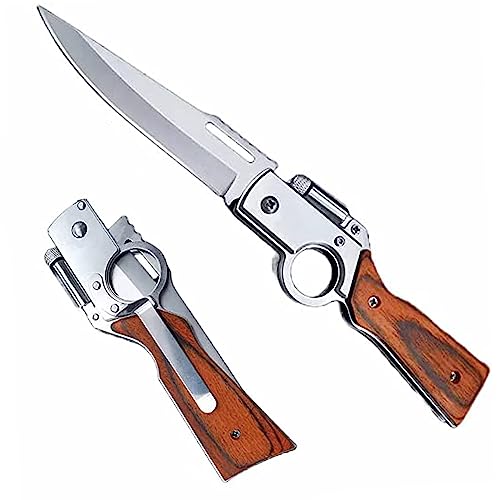 Piewry AK47 Flipper Pocket Knife, Portable Flipper Pocket Knife With Flashlight for Men, 8.5 inch Stainless Steel, Wooden handle, Flipper Pocket Knives for Hiking, Outdoor, Camping, Mens Gift -