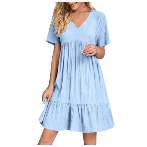 Womens Pleated Dresses V Neck Casual Dress Summer Ruffle Hem Dresses Short Sleeve Flowy Dress Beach Vacation Dress -
