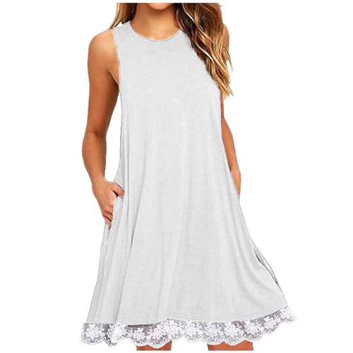 Generic Subscriptions On My Account Login Women Lace Trim Summer Mini Dress, Sexy Sleeveless T Shirt Dresses Crew Neck Solid Beach Dress Cute Sundress with Pocket Petite Dresses for Women White -