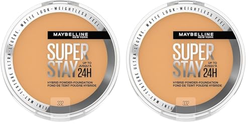 Maybelline Super Stay Up to 24HR Hybrid Powder-Foundation, Medium-to-Full Coverage Makeup, Matte Finish, 332, 1 Count (Pack of 2) -