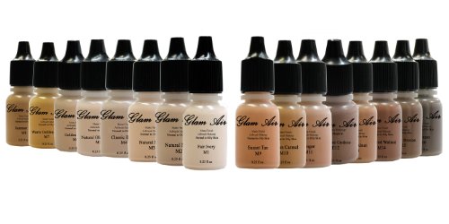 Set of 16 Shades of Glam Air Matte Airbrush Makeup Foundation Water Based Long Lasting 0.25oz Bottles (Great for Normal to Oily Skin) -