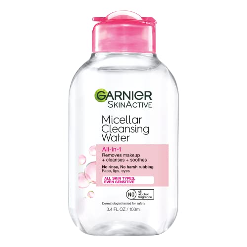 Garnier Micellar Cleansing Water, All-in-1 Makeup Remover and Facial Cleanser, For All Skin Types, 3.4 Fl Oz (100mL), 1 Count (Packaging May Vary) -