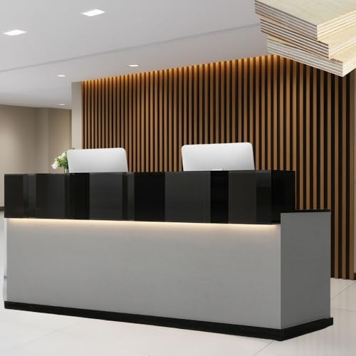 Modern Front Counter Desk with LED Lights, Reception Desk with counters, Checkout Counter Table, Retail for Reception Room, Salon, Office, Store, Shop (Cabinet Gray and Black, 63 * 23.6 * 39.9in) -