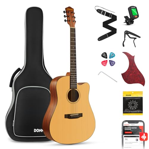 Donner 41” Acoustic Guitar Bundle for Beginners Adults with Online Lesson, 4/4 Full Size Steel Acustica Guitarra with Gig Bag, Tuner, Strap, Strings, Picks, Capos, Cutaway, Natural, DAG-1C/DAD-110C -