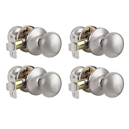 Probrico Door Knobs Interior, Passage 4 Pack Closet Doorknobs Brushed Nickel Finish, Universible Door Handles Passage Function for French Hallway, Flat Ball Knob, Adjustable 60-70mm Latch -