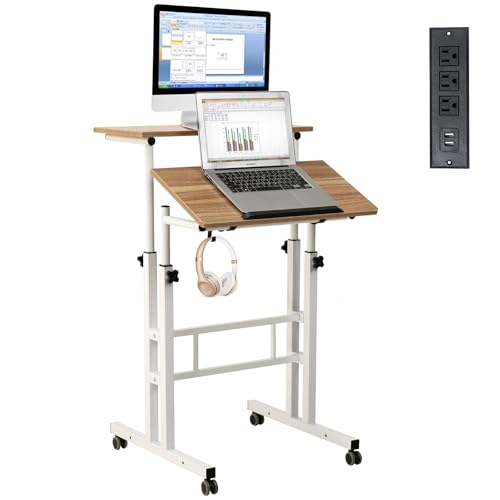 Hadulcet Mobile Standing Desk with Charging Station, Adjustable Standing Computer Desk, Standing Adjustable Laptop Cart with Wheels for Home Office Classroom Vintage Oak -